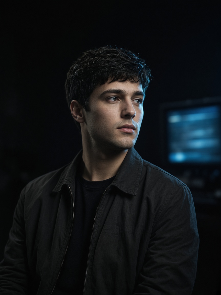Editorial portrait of a tech reviewer in low light