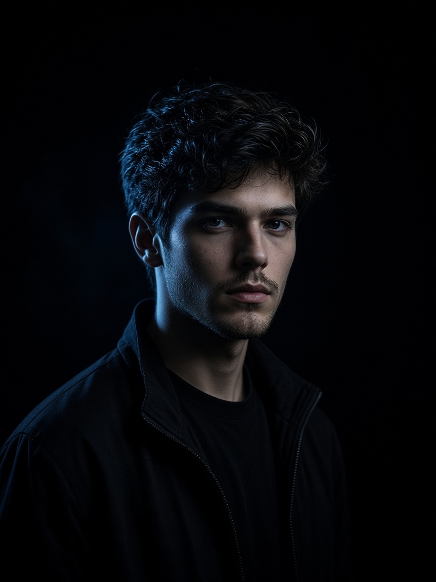 Editorial portrait of a gaming creator in a dark studio